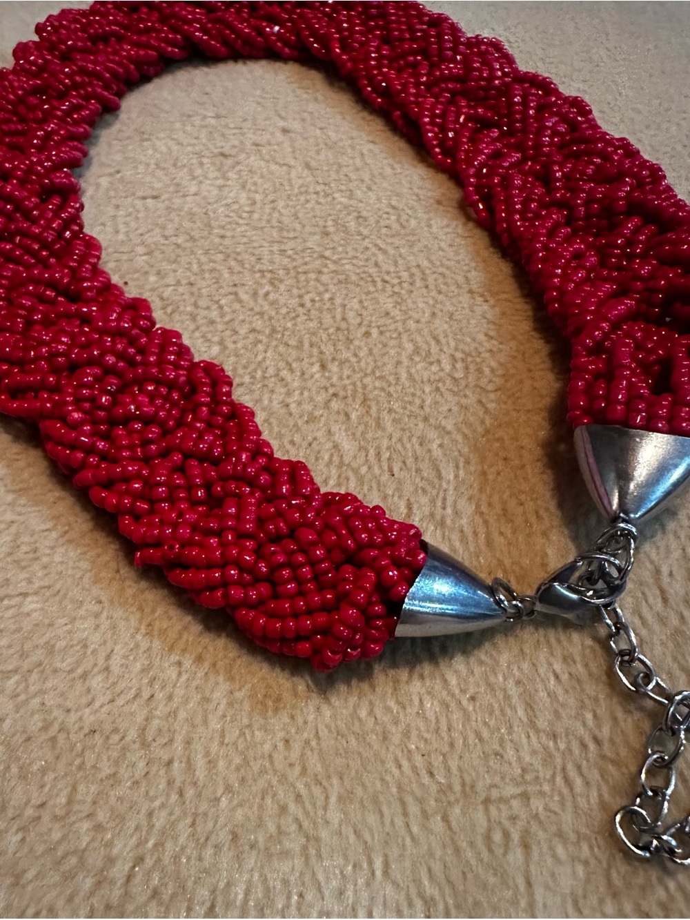 Braided Red Seed-Bead Statement Necklace
